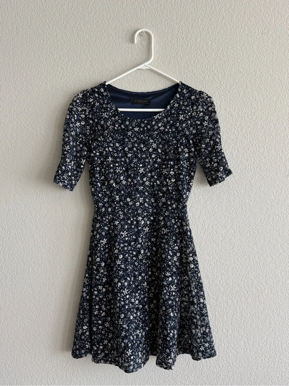 Navy Floral Short-Sleeve Mini Dress - Picture 1 of 6